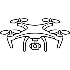 Simple black and white line icon of a quadcopter drone with a camera for aerial videography and surveillance technology