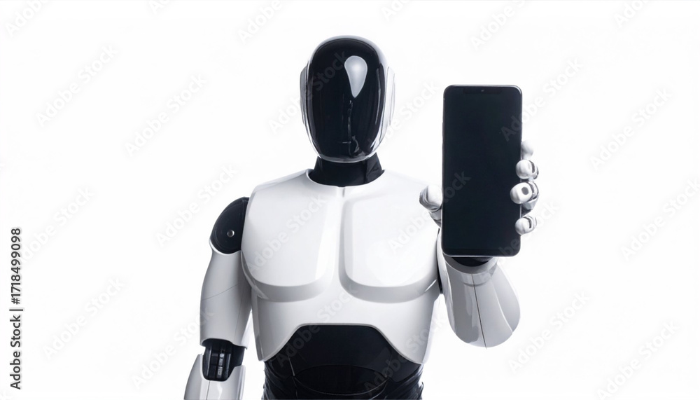 Poster a robot holds a smartphone, symbolizing advanced technology. this image captures the essence of huma