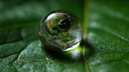 Water Drop on Leaf with Earth &ndash; Sustainability, Climate Change, and Eco-Friendly Future Concept