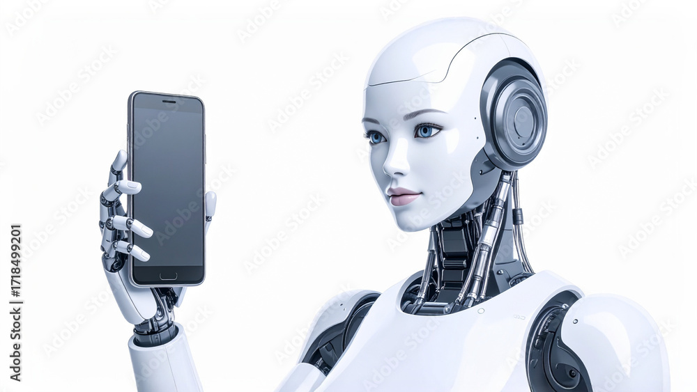 Poster a futuristic robot is holding and observing a smartphone in its hand, with a neutral expression and 