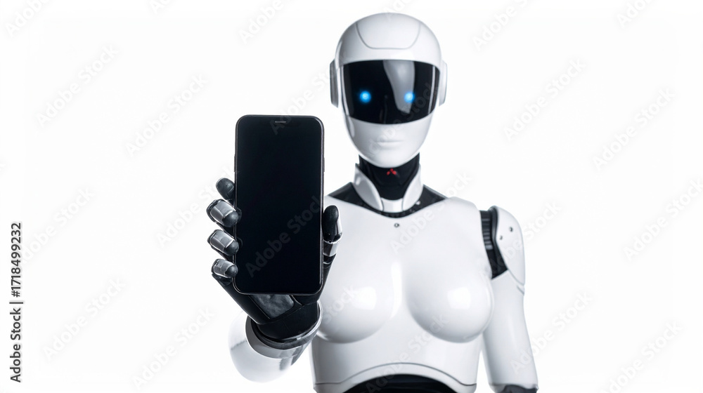 Poster futuristic robot showing off a smartphone. the robot features a sleek, white design with glowing blu