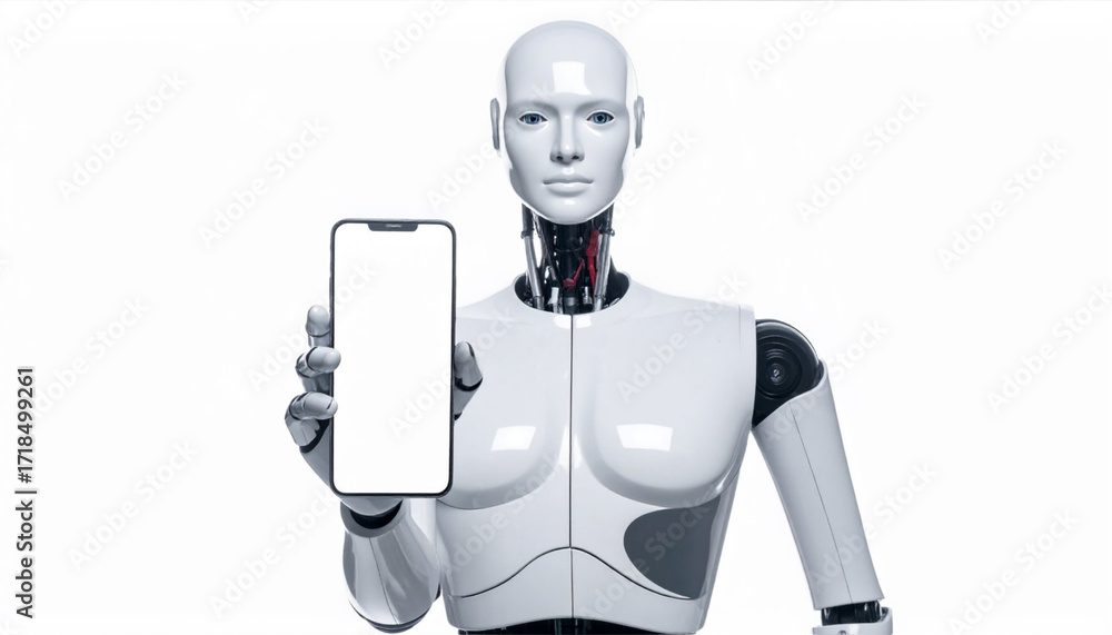 Poster a futuristic robot holding a smartphone with a blank screen, representing technology and artificial 