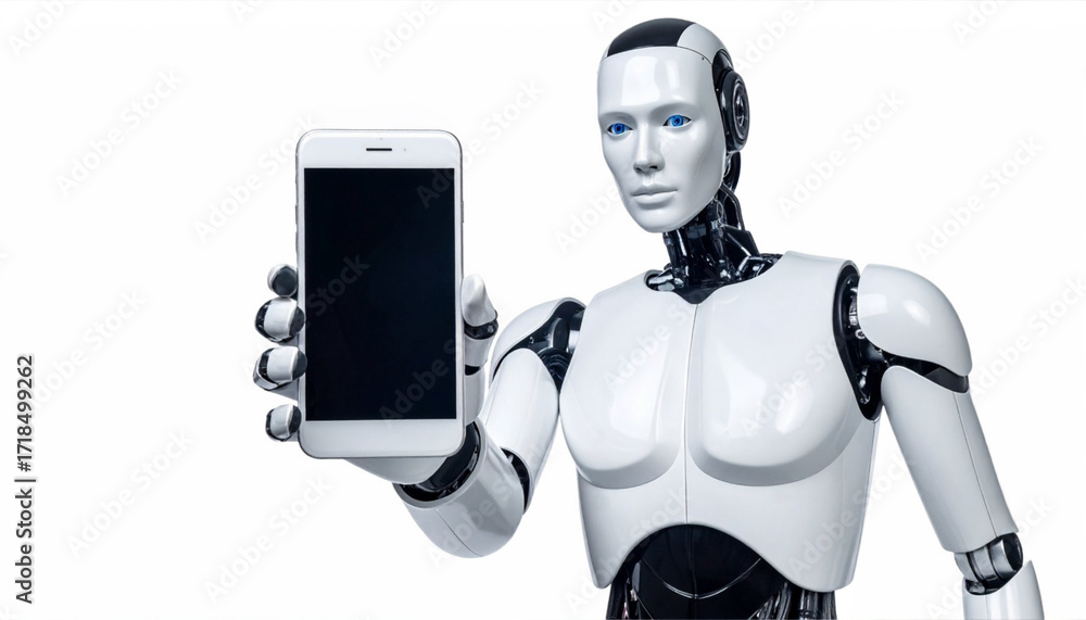 Poster a futuristic robot displaying a modern smartphone. the robot is white and metallic, and the smartpho