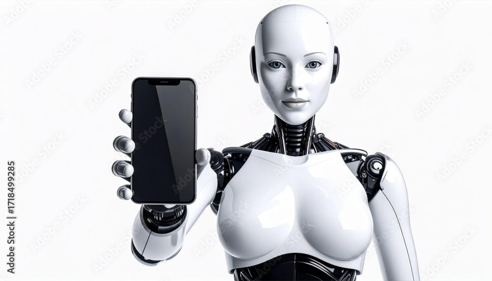 Poster an ai robot holding a smartphone, showcasing advanced technology in a futuristic concept. the androi