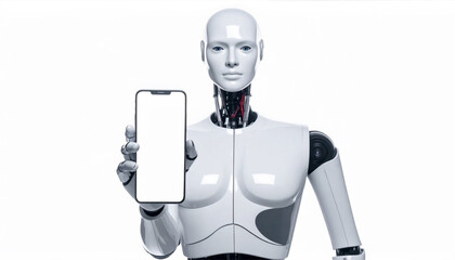 A futuristic robot holding a smartphone with a blank screen, representing technology and artificial intelligence. The robot has a smooth.