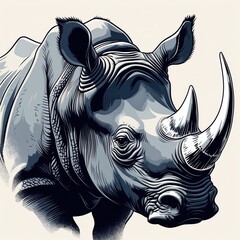 A rhino head angled forward, skin shaded in dark gray with black lines