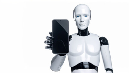 An android with a smartphone, showcasing modern technology. The android is holding a smartphone, which represents future technology