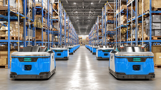 Autonomous robots operating in a large warehouse with high shelves and organized storage units