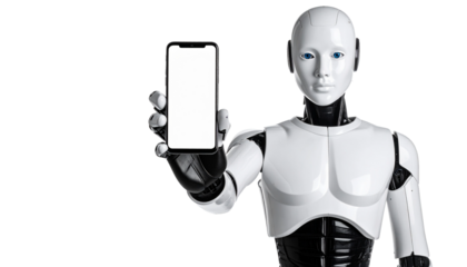 A futuristic robot holding a blank smartphone screen, ready to showcase technology or communication