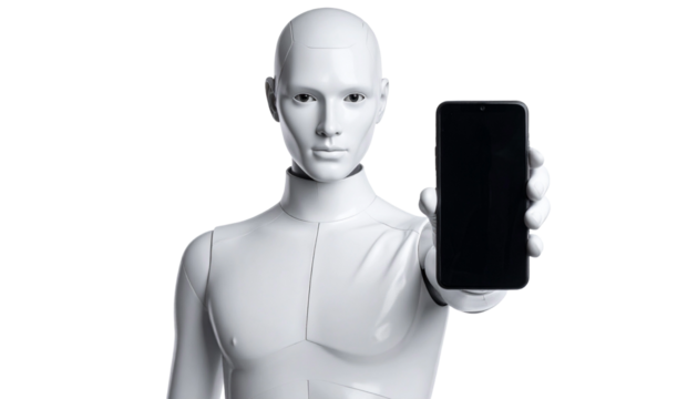 A humanoid robot holding a smartphone, showcasing the convergence of technology and artificial intelligence
