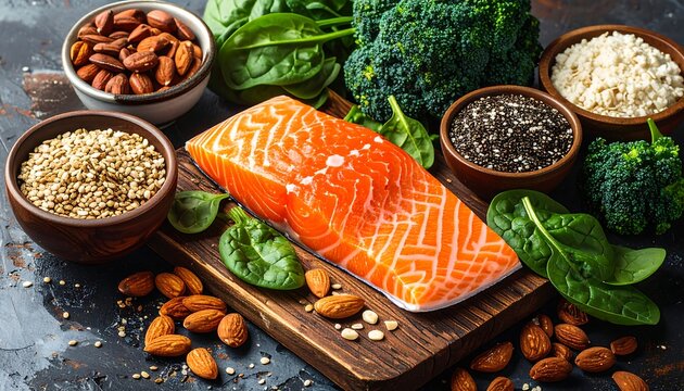 Healthy food assortment on a dark surface