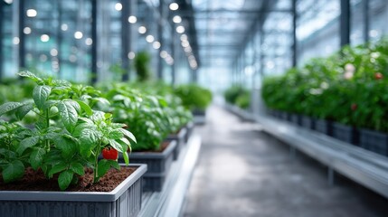 Hydroponic Greenhouse with Rows of Green Plants and Red Peppers Under Bright Overhead Lights