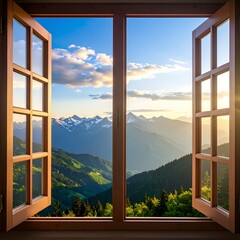 Panoramic mountain vista through an open window