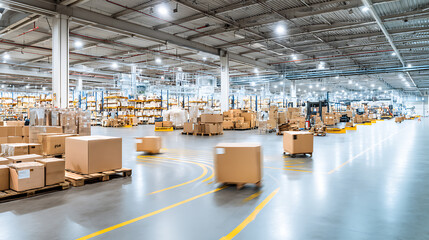 Large industrial warehouse interior with stacked boxes, pallets, and forklifts on a polished concrete floor
