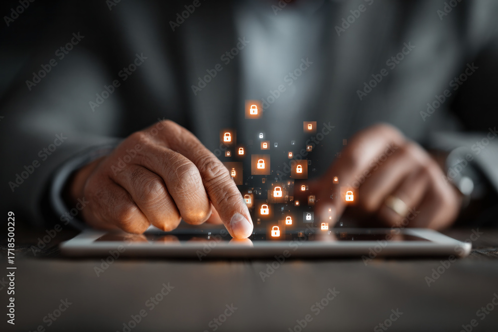 Poster hands typing on a tablet with glowing lock icons floating above, symbolizing cybersecurity, data pro