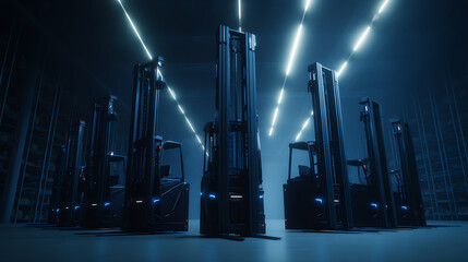 Futuristic industrial warehouse with automated forklifts under neon lighting