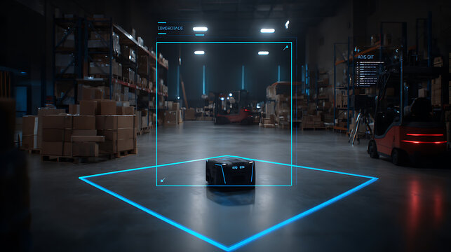 Autonomous robot in warehouse with augmented reality interface and navigation system