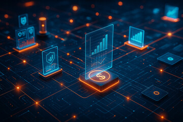 AI generated glowing holographic charts and currency symbol on circuit board representing digital finance investment data analytics technology and secure financial growth