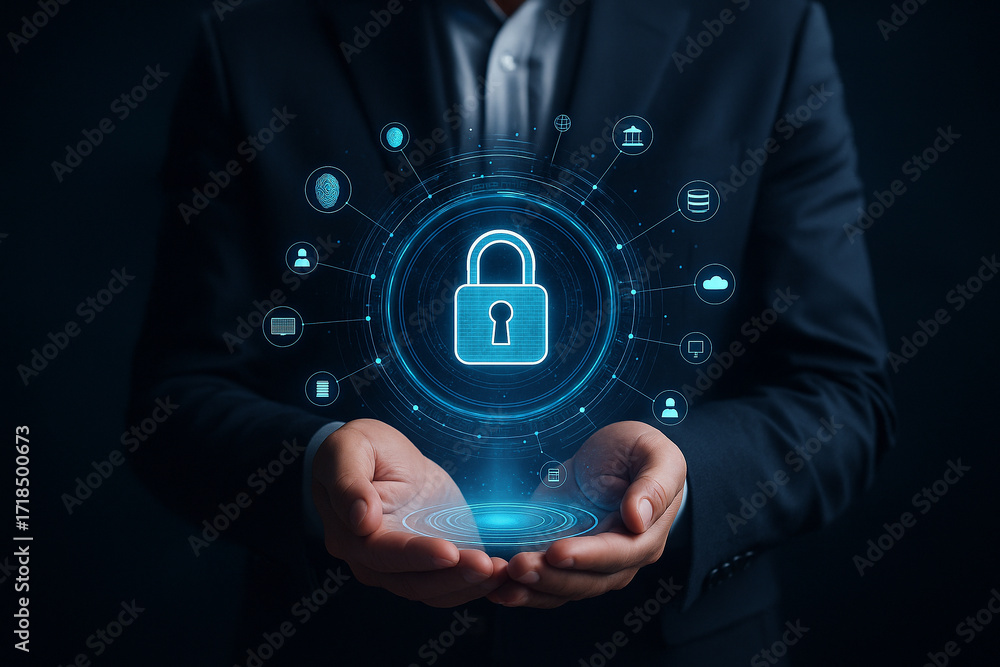 Poster ai generated glowing lock icon floating above hands symbolizing data protection privacy security tru