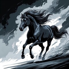 A wild horse galloping, mane whipping in black and stormy gray