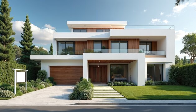 Modern luxury house exterior with clean lines, wood accents. Features spacious layout, large windows, glass balconies, well-manicured lawn. White for sale sign visible in yard, indicating property - Powered by Adobe