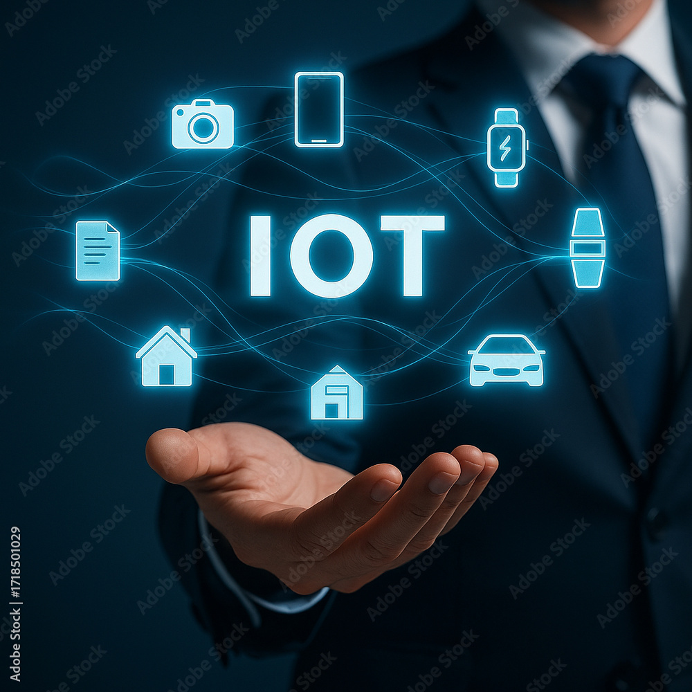Poster ai generated glowing iot icons floating above business hand symbolizing smart devices connectivity d