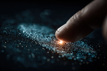 Close-up of a fingertip touching a glowing digital pattern, revealing a fingerprint-like wave of light and tiny particles, symbolizing touch, data, and security.