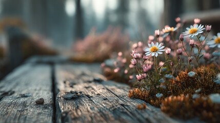 Rustic Wooden Surface with Blooming Daisies in a Serene Outdoor Scene
