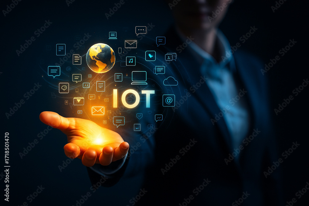Poster ai generated glowing iot icons and earth floating above hand symbolizing smart devices connectivity 