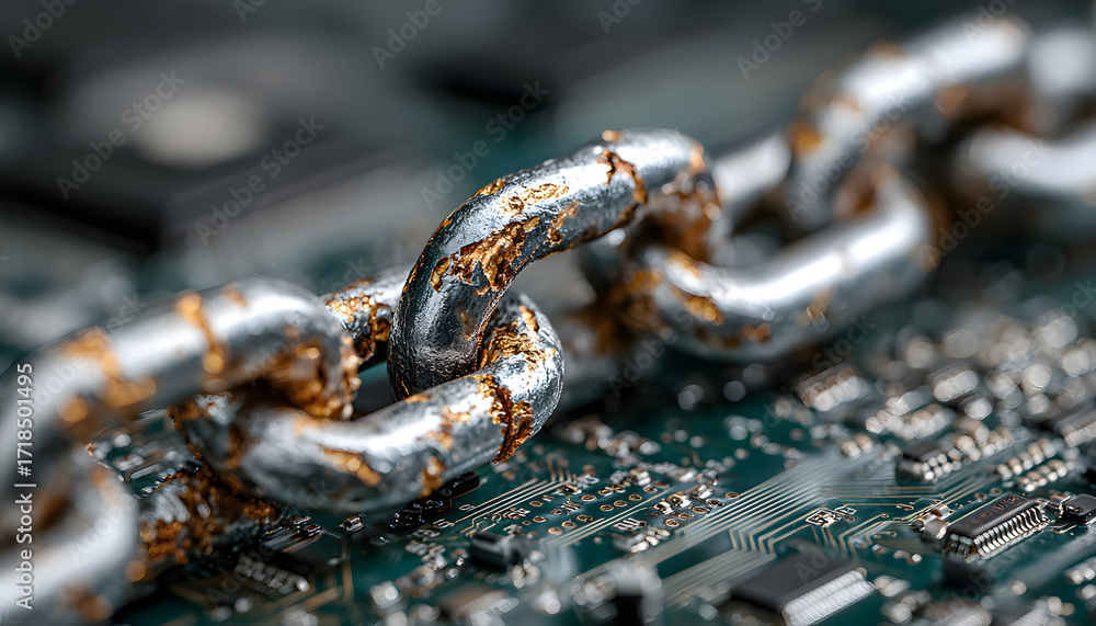 Poster close-up of metal chain laying on hi-tech circuit board. data loss prevention security framework pro