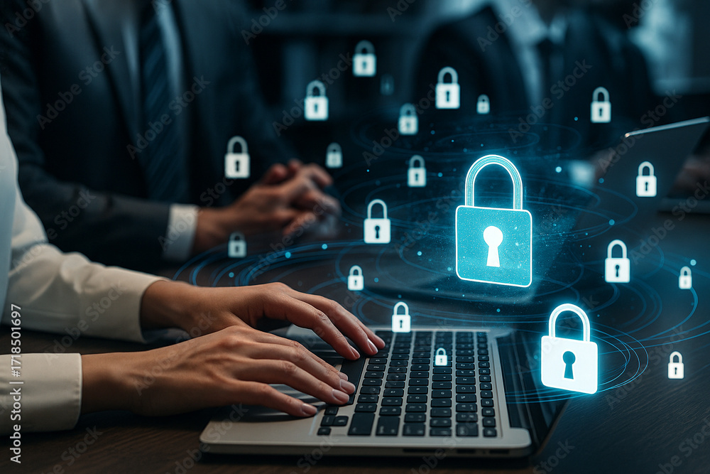 Poster ai generated glowing digital locks floating above laptop symbolizing cybersecurity data protection p