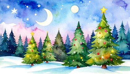 Festive night scene with decorated trees