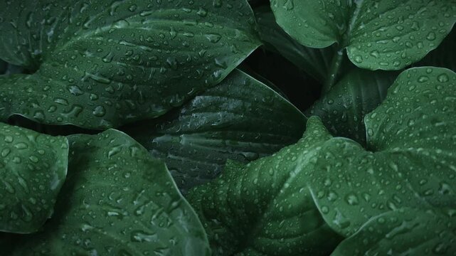 Large raindrops on large green leaves of hosta plant (Hosta Plantaginea), close-up,  macro, top view, film color correction