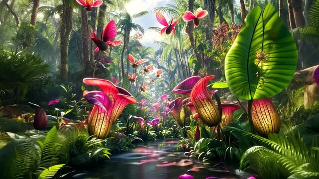 Lush, vibrant tropical plants and flowers surround a flowing stream in a lush jungle setting