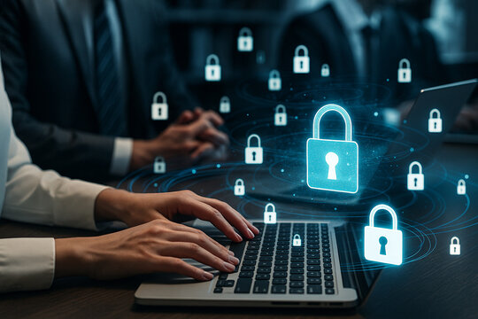 AI generated glowing digital locks floating above laptop symbolizing cybersecurity data protection privacy encryption secure access and modern business technology