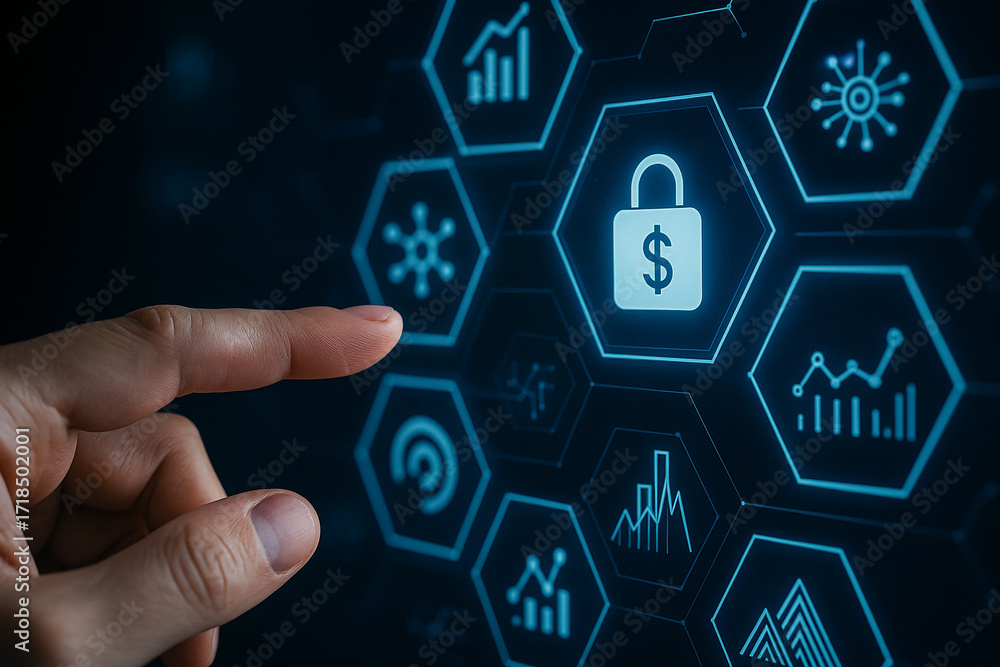 Poster ai generated hand pointing at glowing digital lock with dollar symbol representing financial cyberse
