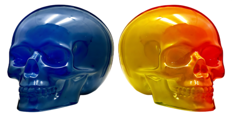 Two glossy skulls blue and yellow red gradient isolated on a transparent background