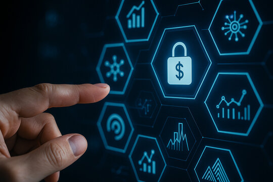 AI generated hand pointing at glowing digital lock with dollar symbol representing financial cybersecurity data protection secure banking digital money safety and encryption