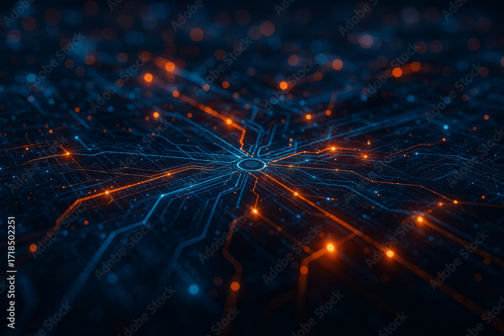 Poster ai generated glowing digital circuit board with orange and blue lines symbolizing futuristic technol