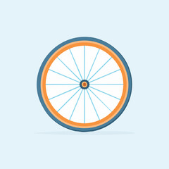 A simple, flat design icon of a bicycle wheel with orange spokes, in a blue circle. A modern vector symbol for cycling and transport. Generative AI