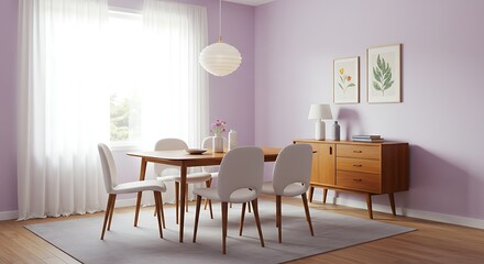 Fototapeta premium Modern Light Purple Dining Room with Wooden Table and White Chairs in Bright Natural Light