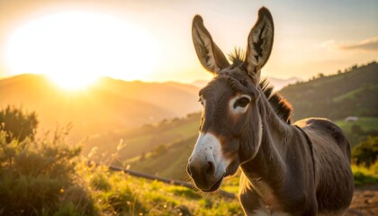 Donkey at sunset overlooking a valley