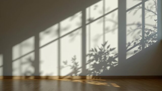 Shadow Dance: Sunlit shadows of window frames and delicate foliage grace a plain wall and wooden floor, creating a stunning display of light and shadow, with the warm glow of the sun.