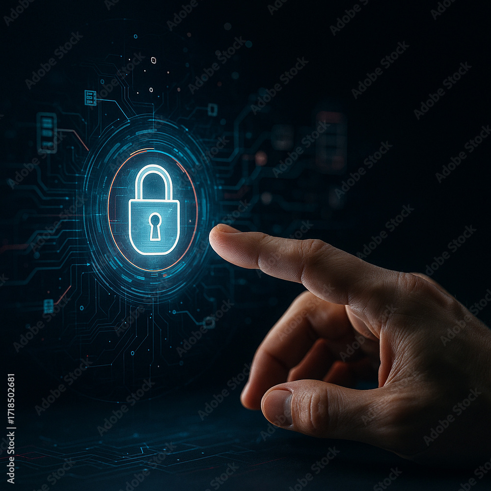 Poster ai generated hand touching holographic padlock symbol representing cybersecurity data protection pri