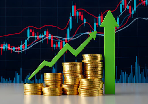 Stacks of gold coins with a green upward arrow overlaying a stock market chart, symbolizing financial growth and investment success.