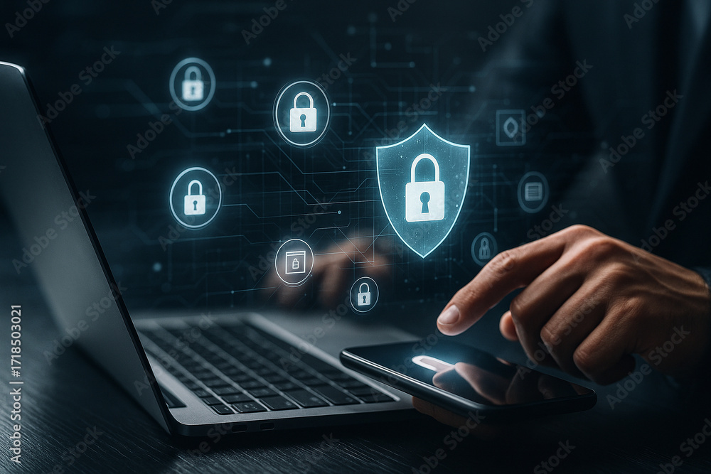 Poster ai generated concept showing digital lock shield with laptop and smartphone symbolizing cybersecurit