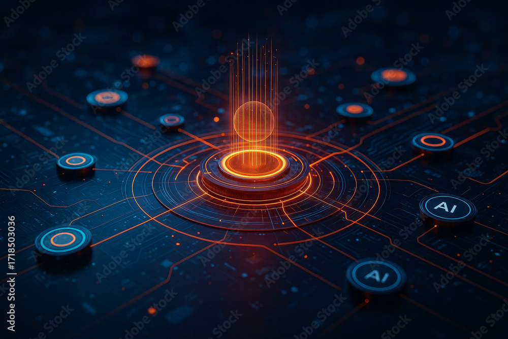 Poster ai generated glowing holographic sphere with futuristic circuits representing artificial intelligenc