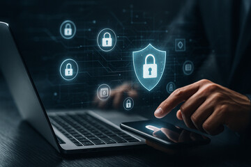 AI generated concept showing digital lock shield with laptop and smartphone symbolizing cybersecurity data protection privacy encryption secure access and trusted digital technology