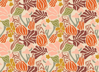 Fall Matisse illustration. Art Nouveau landscape panorama with Autumn Pumpkins and Mushrooms. Tile seamless pattern in groovy 60s 70s vibes.