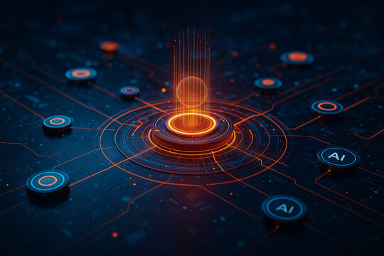 AI generated glowing holographic sphere with futuristic circuits representing artificial intelligence machine learning innovation and advanced digital technology for data and network systems